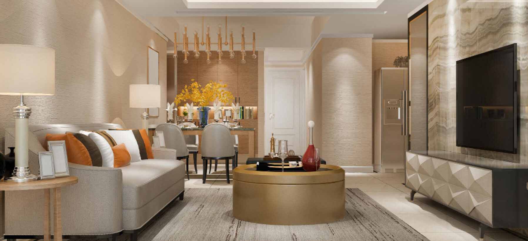 Renovated-style living room with coordinated neutral furnishings