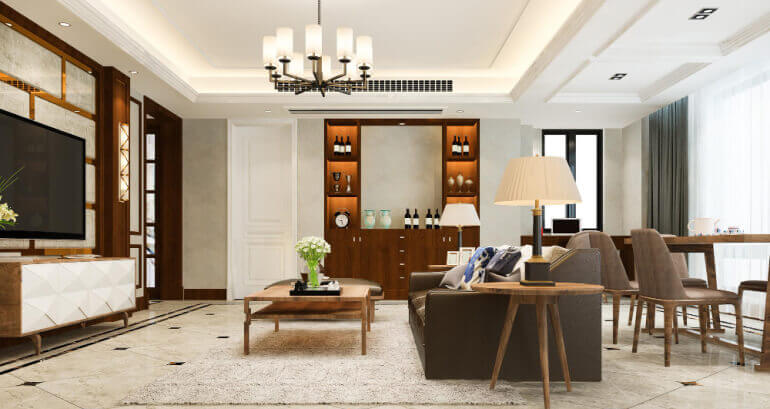 Open living and dining interior with coordinated furniture and wood details