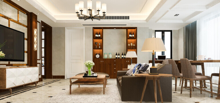 Open living and dining interior with coordinated wood finishes